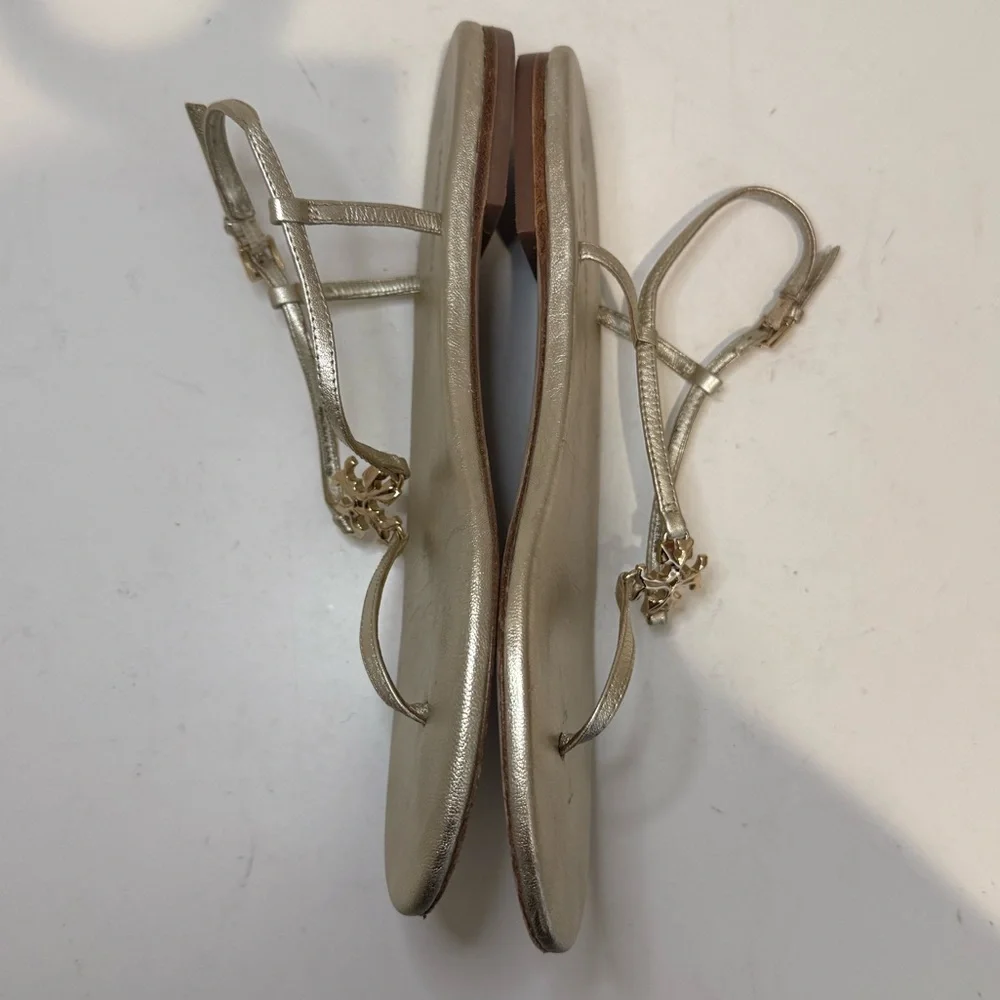 TORY BURCH Capri Strap Sandal Spark Gold Size 8 T-Strap Thong Metallic Logo